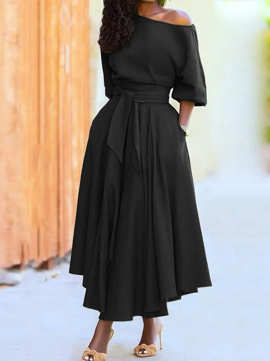 Women's S-2XL Size New Slanted Shoulder Collar Tie Waist Style Solid Color Dress Leopard print maxi dresses for women - Image 2