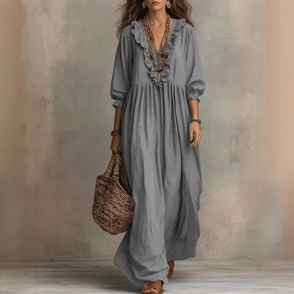 2026 New European and American Independent Website Striped Ruffled Loose High-Waisted V-Neck Fashion Casual Dress - Image 2