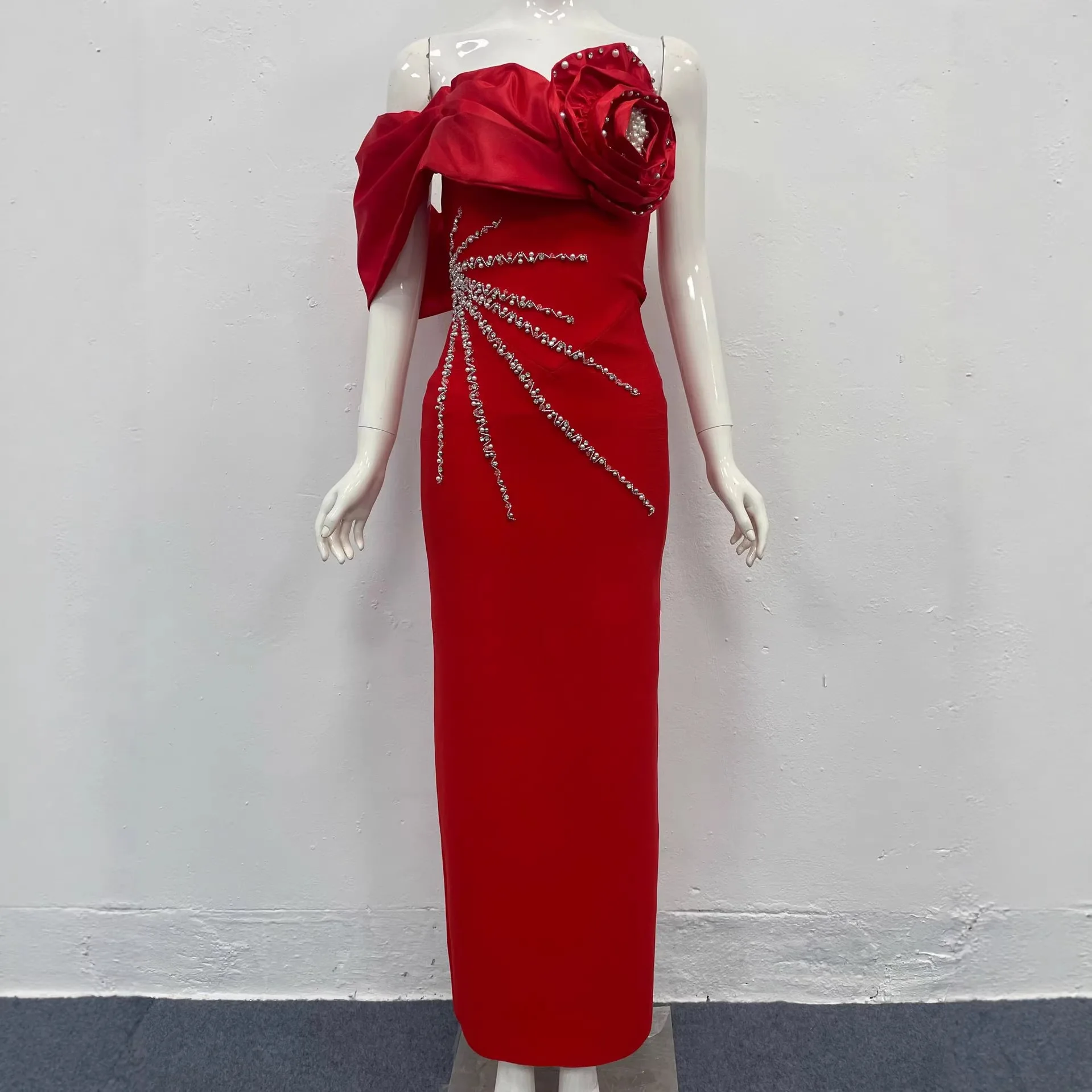 Elegant One Shoulder Wrap Maxi Evening Dress for Women Diamond Decoration Fashion Polyester Fabric Formal Party Gown - Image 4