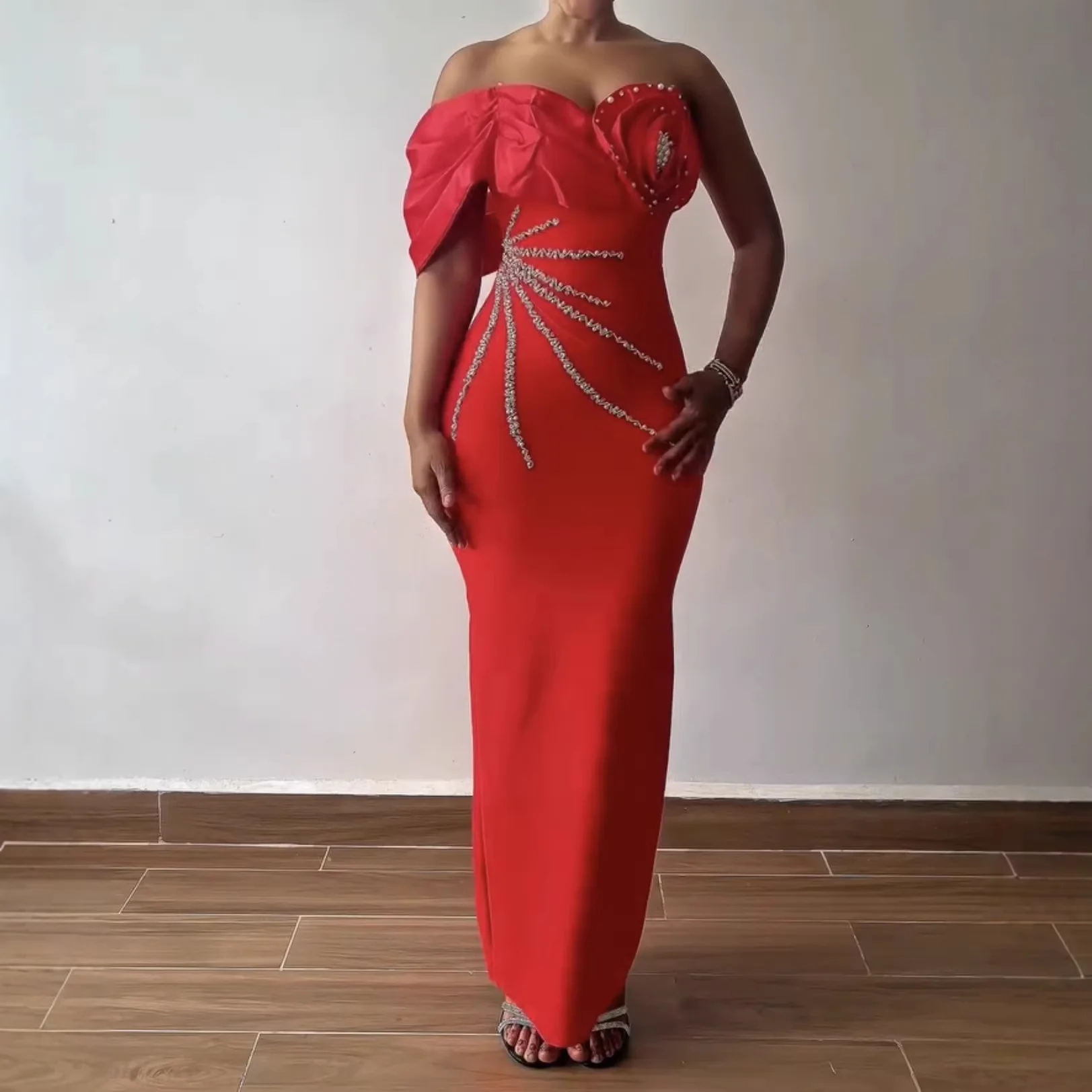 Elegant One Shoulder Wrap Maxi Evening Dress for Women Diamond Decoration Fashion Polyester Fabric Formal Party Gown - Image 2