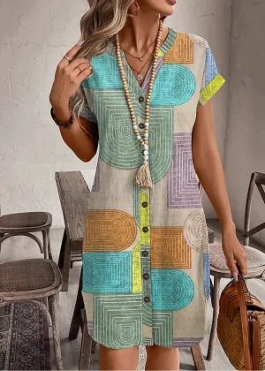2025 European and American women's clothing foreign trade Amazon summer geometric printing elegant V-neck button up dress