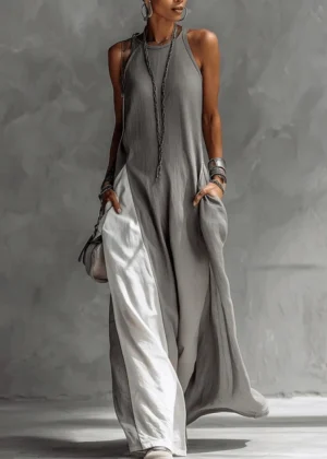 Women Strappy Maxi Dress Vest Type Color Block Summer Beach Dress Loose Casual Halter Neck Pocket Long Dresses Boho Vestidos