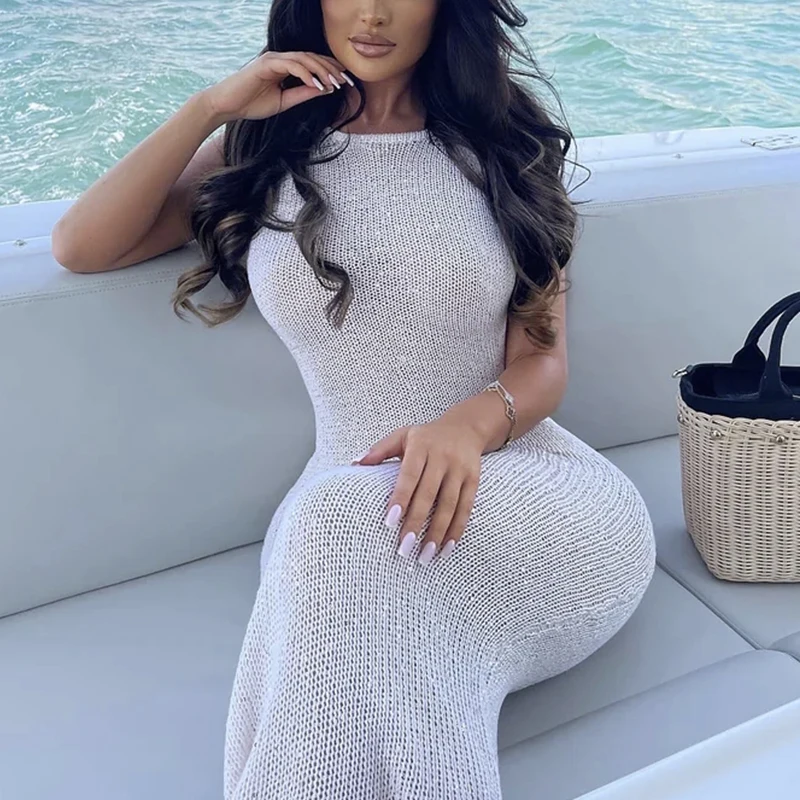 Beach Vacation Backless Long Dress, Knitted Hollow Out Sequins Beach Cover-Up, Elegant Summer Fashion for Women - Image 2