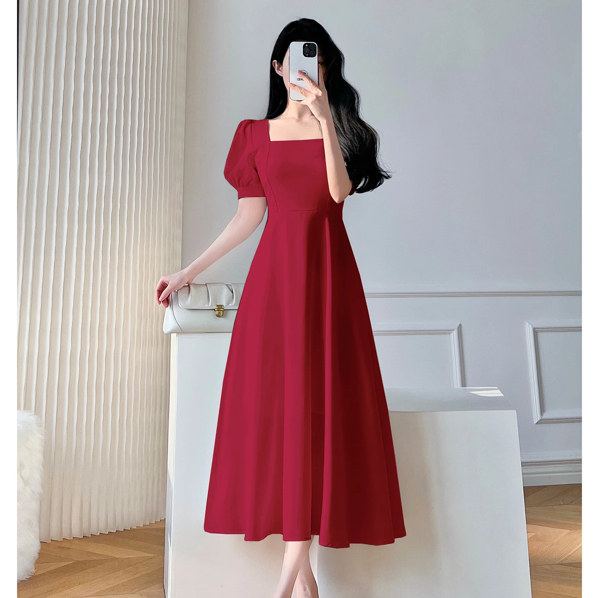 Retro women's long dress party ball bubble sleeves square collar temperament slim fit long dress summer clothing - Image 5