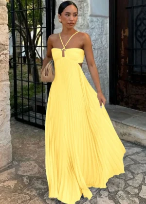 2025 New Women's Fashionable and Elegant Summer Camisole Beach Vacation Long Dress Elegant Backless Pleated Long Dress
