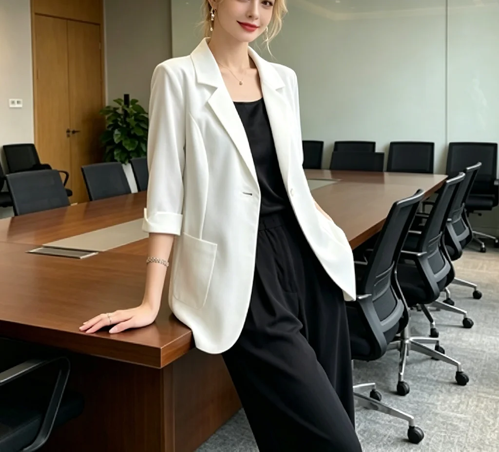 Summer Thin White Blazer Women 3/4 Sleeve Loose Fit Office Suit Jacket Elegant Business Formal Work Coat - Image 2