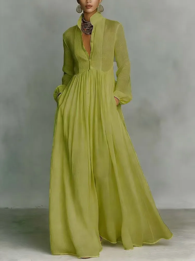 Elegant High Waist Swing Long Dress Woman Spring Solid Pockets Pleated Maxi Dress Spring Autumn Long Sleeve Button Evening Dress - Image 5