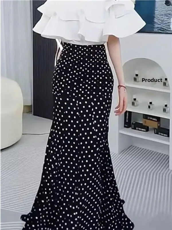 Elegant Black Polka Dot Fish Tail Skirt Women's Summer New Lightweight Luxury Style Half Skirt Drapey Wrap around Skirt - Image 2