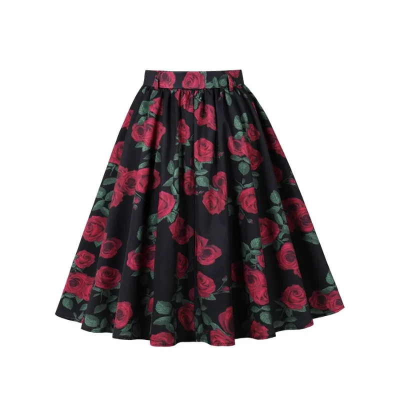2026 New Women's Vintage Red Rose Print Swing Skirt Streetwear High Waist A-Line Midi Skirt Belt Retro Rockabilly Party Skirts - Image 4