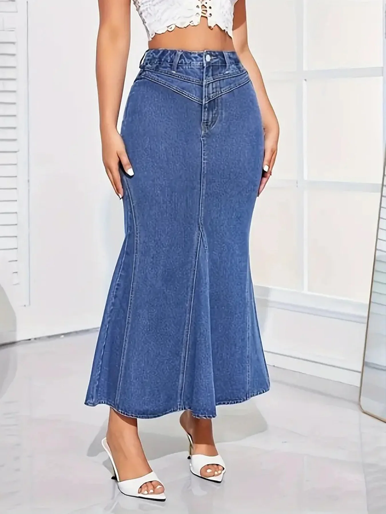 Ladies Retro Fashion Denim Fishtail Skirt, Slim Fit, Mid-Waist, Elastic, Stylish Denim Half Skirt - Image 4