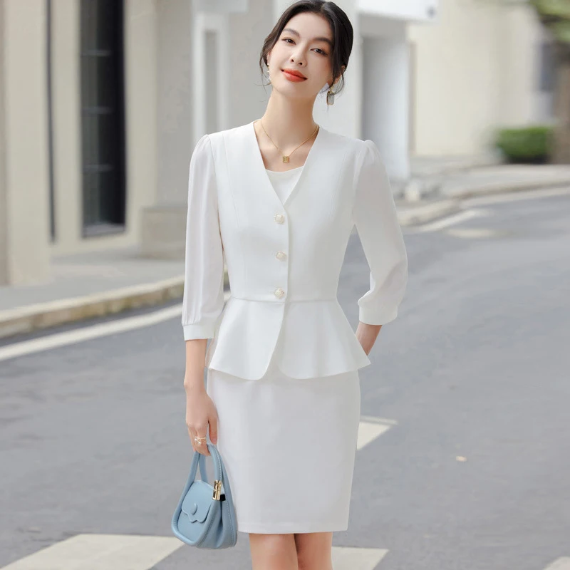 Women Casual 2 Pieces Set 2024 New Fashion Lantern Sleeve Jacket + White Dress Suit Office Ladies Business Blazers Skirt Set - Image 4