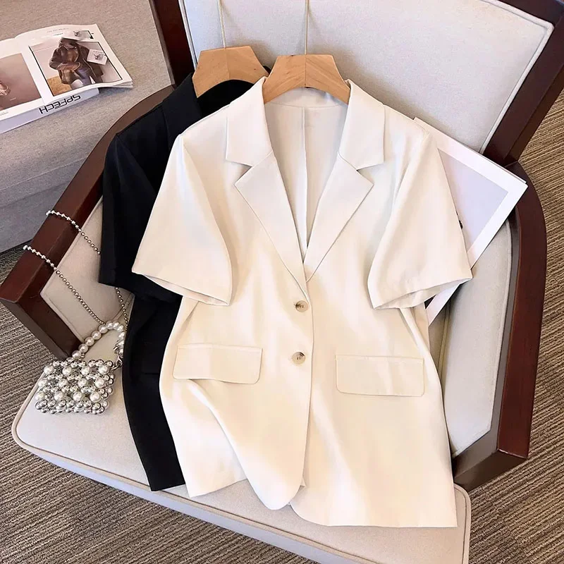 Summer Short Sleeve Blazer Women Korean Fashion Single-breasted Office Lady Suit Jacket Elegant Loose Thin Outwear