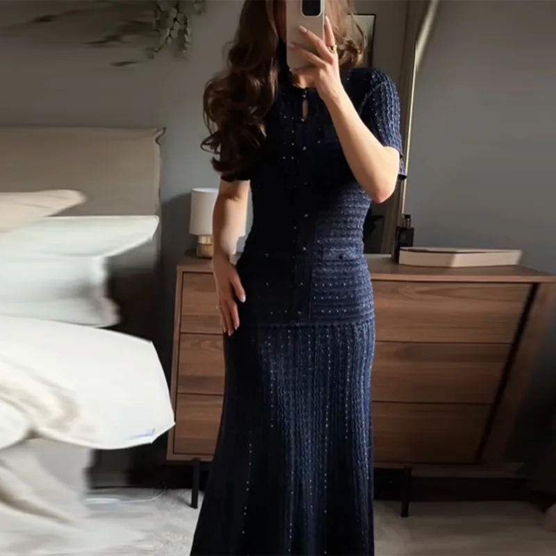 2026 New Women Elegant Solid Color Short Sleeve Sequined Long Dress Button Front Slim Fit Maxi Dress Daily Office Casual Outfit - Image 4