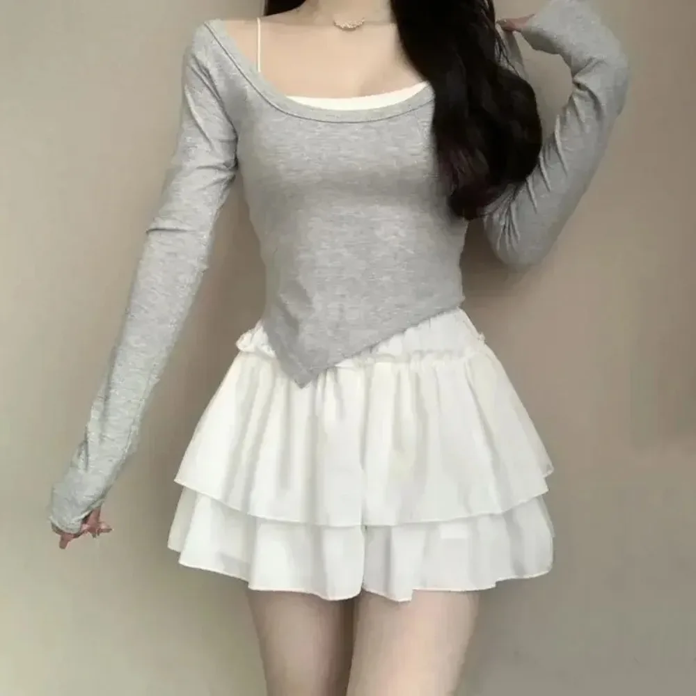 Summer Kawaii Pleated A-Line Skirt for Women White Ruffle Tiered Sweet Style Elastic Waist Summer Slim Korean Harajuku Dress - Image 2