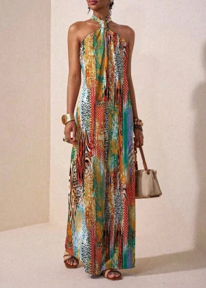 Women's Halter Neck Backless Printed Maxi Dress Loose Fit Sleeveless Bohemian Casual Dress Spring Summer Vacation Beach Outfit