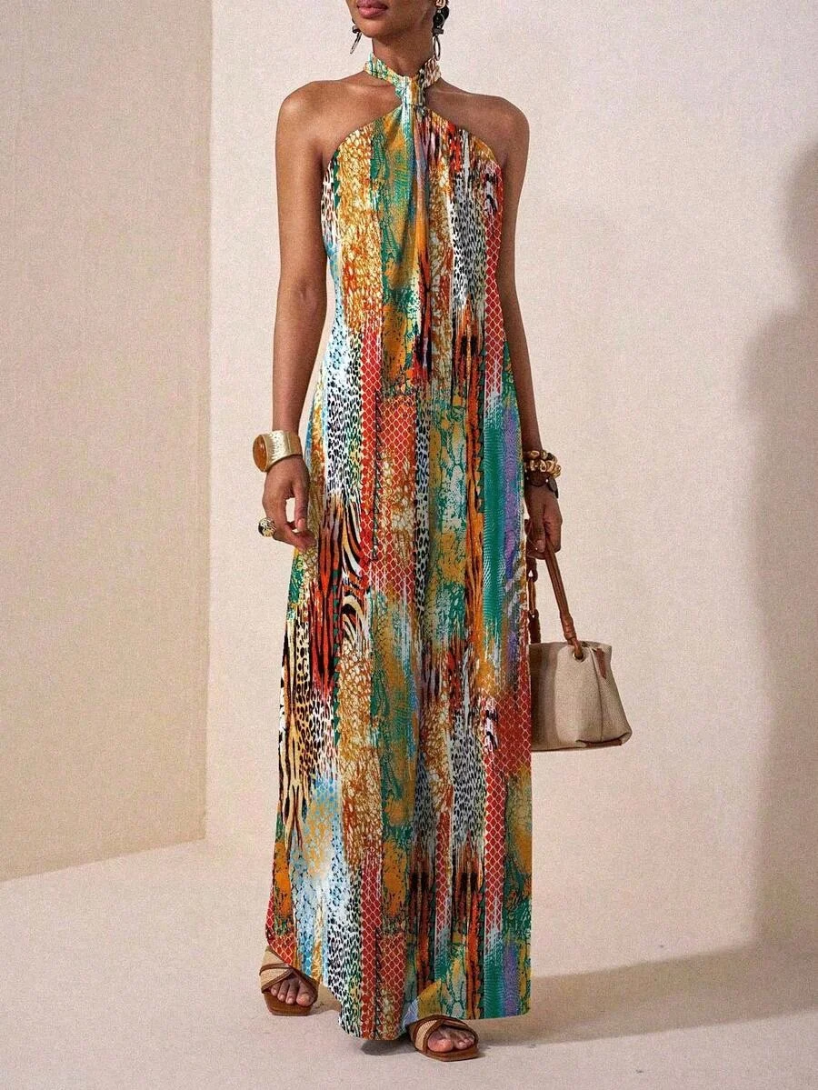 Women's Halter Neck Backless Printed Maxi Dress Loose Fit Sleeveless Bohemian Casual Dress Spring Summer Vacation Beach Outfit