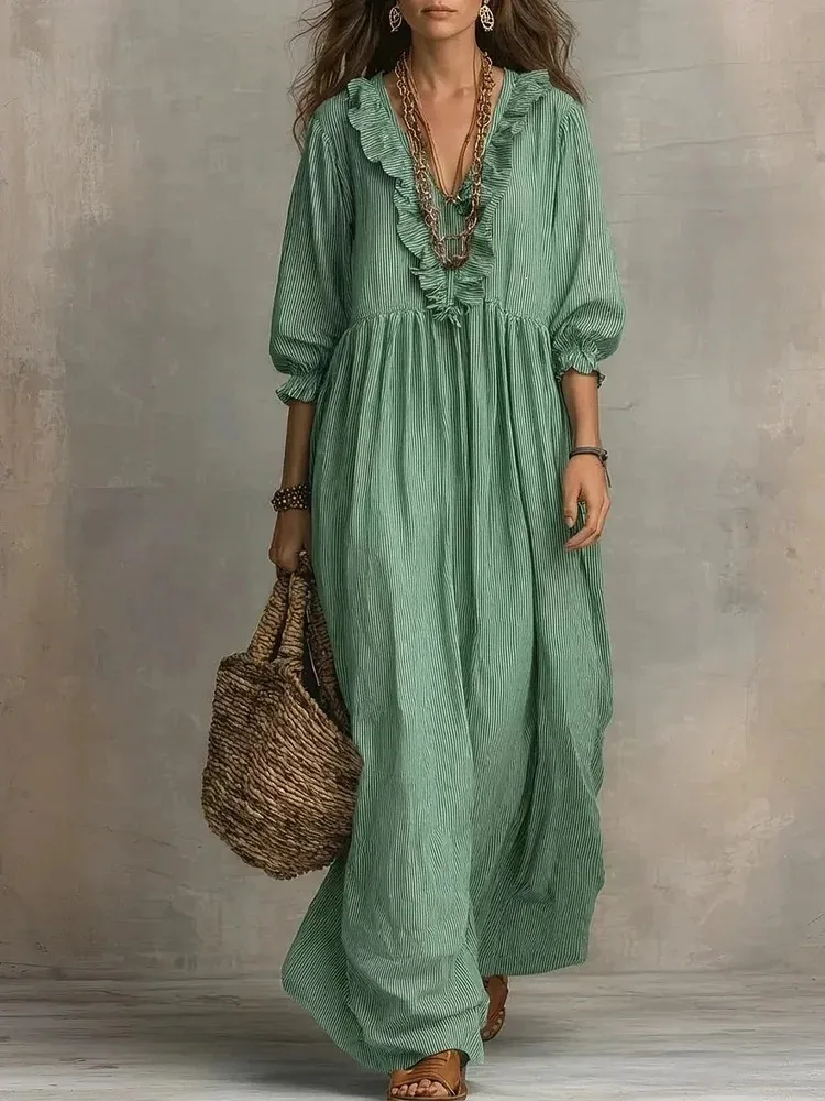 2026 New European and American Independent Website Striped Ruffled Loose High-Waisted V-Neck Fashion Casual Dress - Image 3