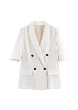Women Blazers Coats 2026 Casual Solid Short Sleeve Double Breasted Linen Female Elegant Street Blazer Outerwear Clothing
