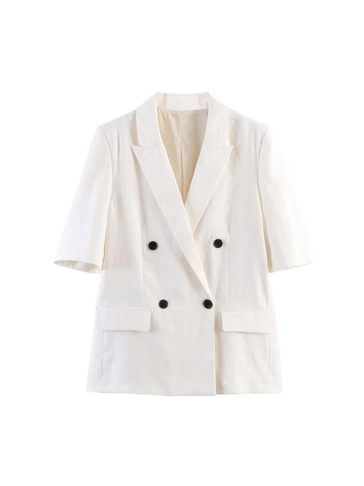 Women Blazers Coats 2026 Casual Solid Short Sleeve Double Breasted Linen Female Elegant Street Blazer Outerwear Clothing