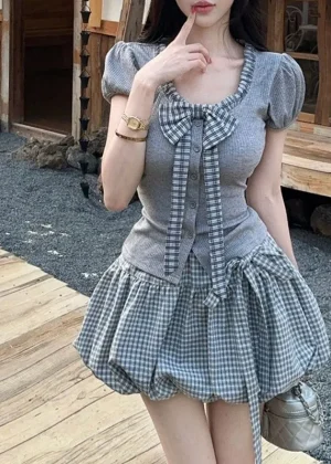 Vintage Japan Style Plaid A-line Ball Gown Mini Skirts Women's Clothing Summer Fashion Drawstring Bow Sweet Short Skirts