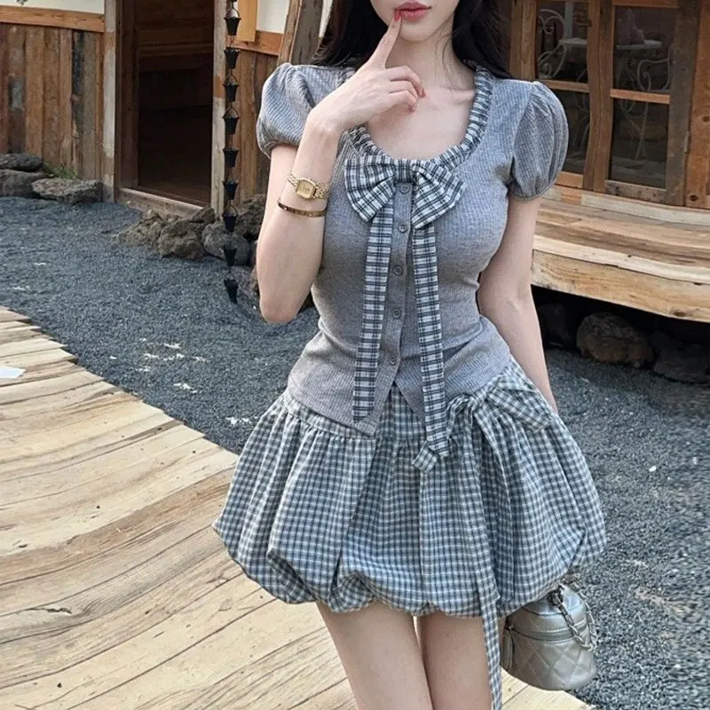 Vintage Japan Style Plaid A-line Ball Gown Mini Skirts Women's Clothing Summer Fashion Drawstring Bow Sweet Short Skirts