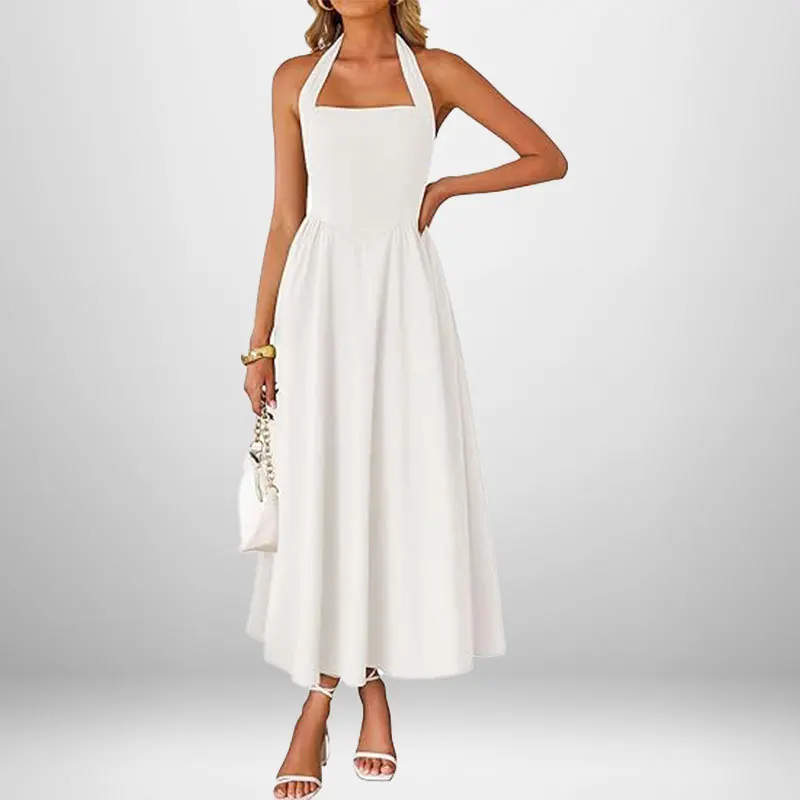 2025 Summer New Women Long Dress Elegant Solid Color Square Collar Sleeveless Waist Hanging Neck Backless Long Evening Gown - Image 3