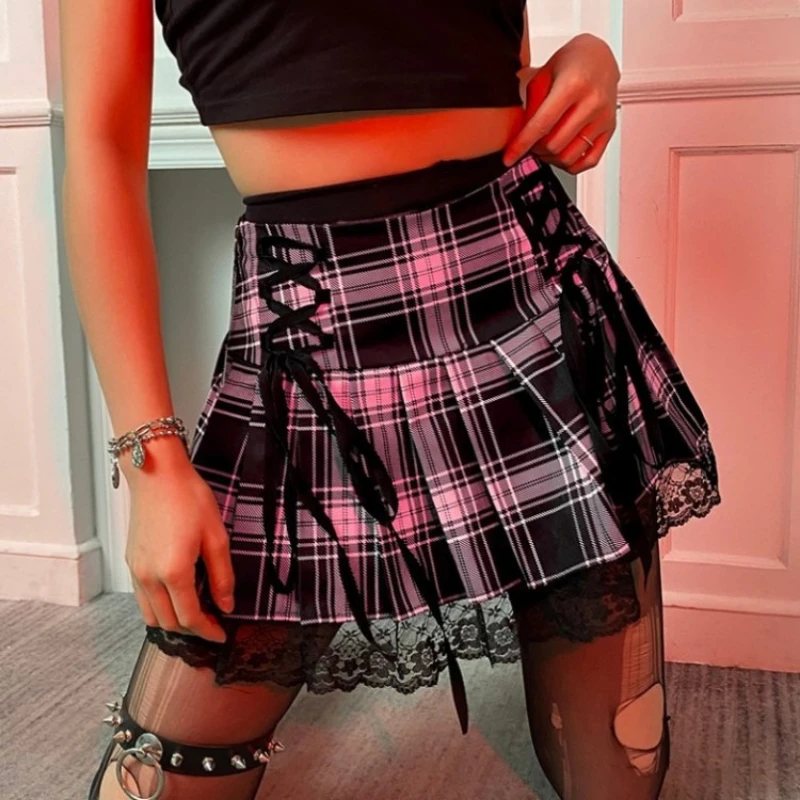 Gothic Retro Dark Lace Up High Waist Plaid Print Mini Skirts Women Vintage Harajuku High Waist Lace Ruffles Y2K Aesthetic Skirt - Image 3