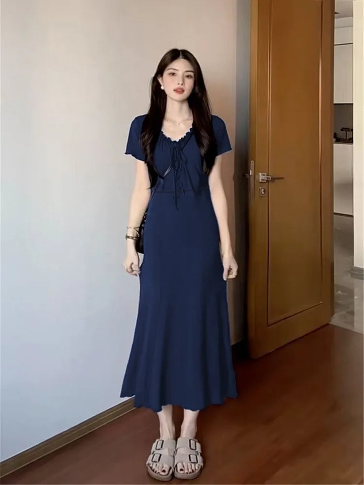 French Style Slimming Mermaid Maxi Dress for Women Elegant Short Sleeve Bodycon Dress Cinched Waist Spring Summer New Collection - Image 5