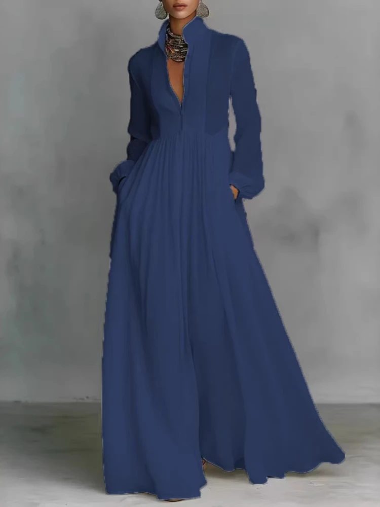 Elegant High Waist Swing Long Dress Woman Spring Solid Pockets Pleated Maxi Dress Spring Autumn Long Sleeve Button Evening Dress - Image 3