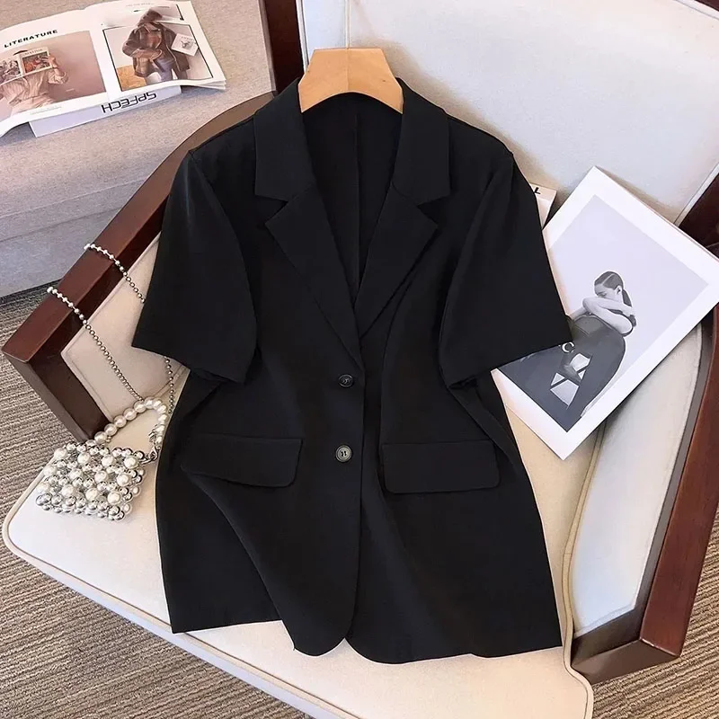 Summer Short Sleeve Blazer Women Korean Fashion Single-breasted Office Lady Suit Jacket Elegant Loose Thin Outwear - Image 4