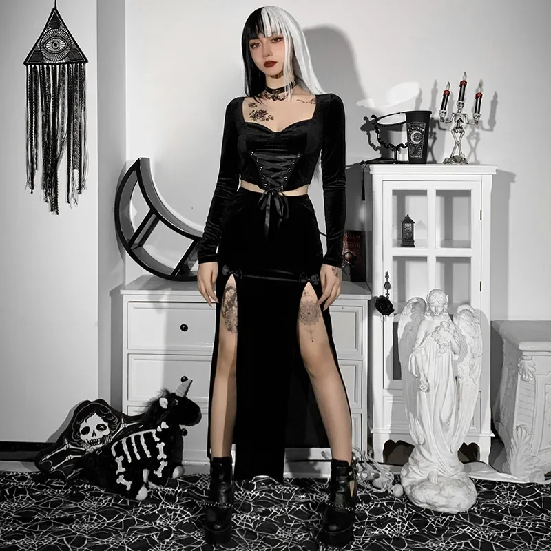 Punk Style Skirt Women's New Chic Halloween Festival Long Party Skirt High Waist Slim Bow Sexy Side Split Knee-Length Skirts - Image 5