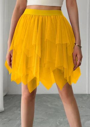 Women's mid waist chiffon mini skirt summer casual asymmetrical hem layered ruffle A-line skirt holiday sweet fairy skirt