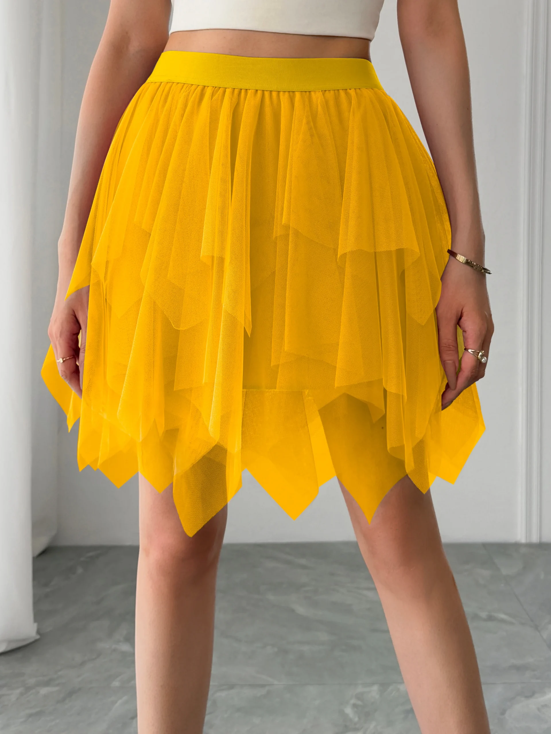 Women's mid waist chiffon mini skirt summer casual asymmetrical hem layered ruffle A-line skirt holiday sweet fairy skirt