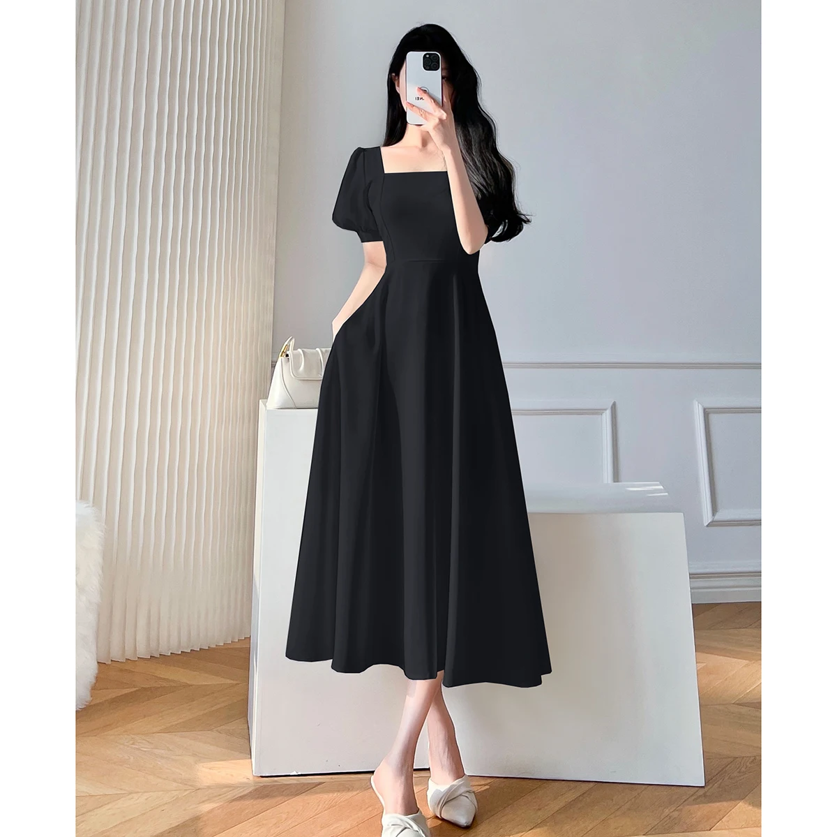Retro women's long dress party ball bubble sleeves square collar temperament slim fit long dress summer clothing - Image 3