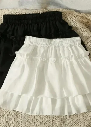 Summer Kawaii Pleated A-Line Skirt for Women White Ruffle Tiered Sweet Style Elastic Waist Summer Slim Korean Harajuku Dress