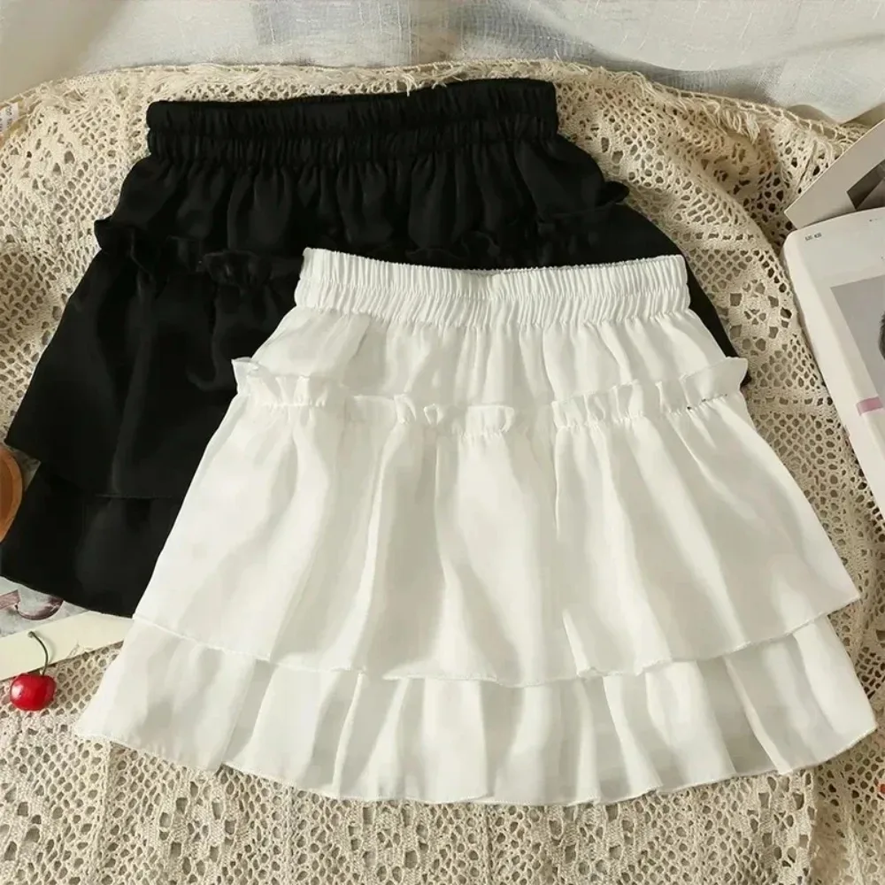 Summer Kawaii Pleated A-Line Skirt for Women White Ruffle Tiered Sweet Style Elastic Waist Summer Slim Korean Harajuku Dress