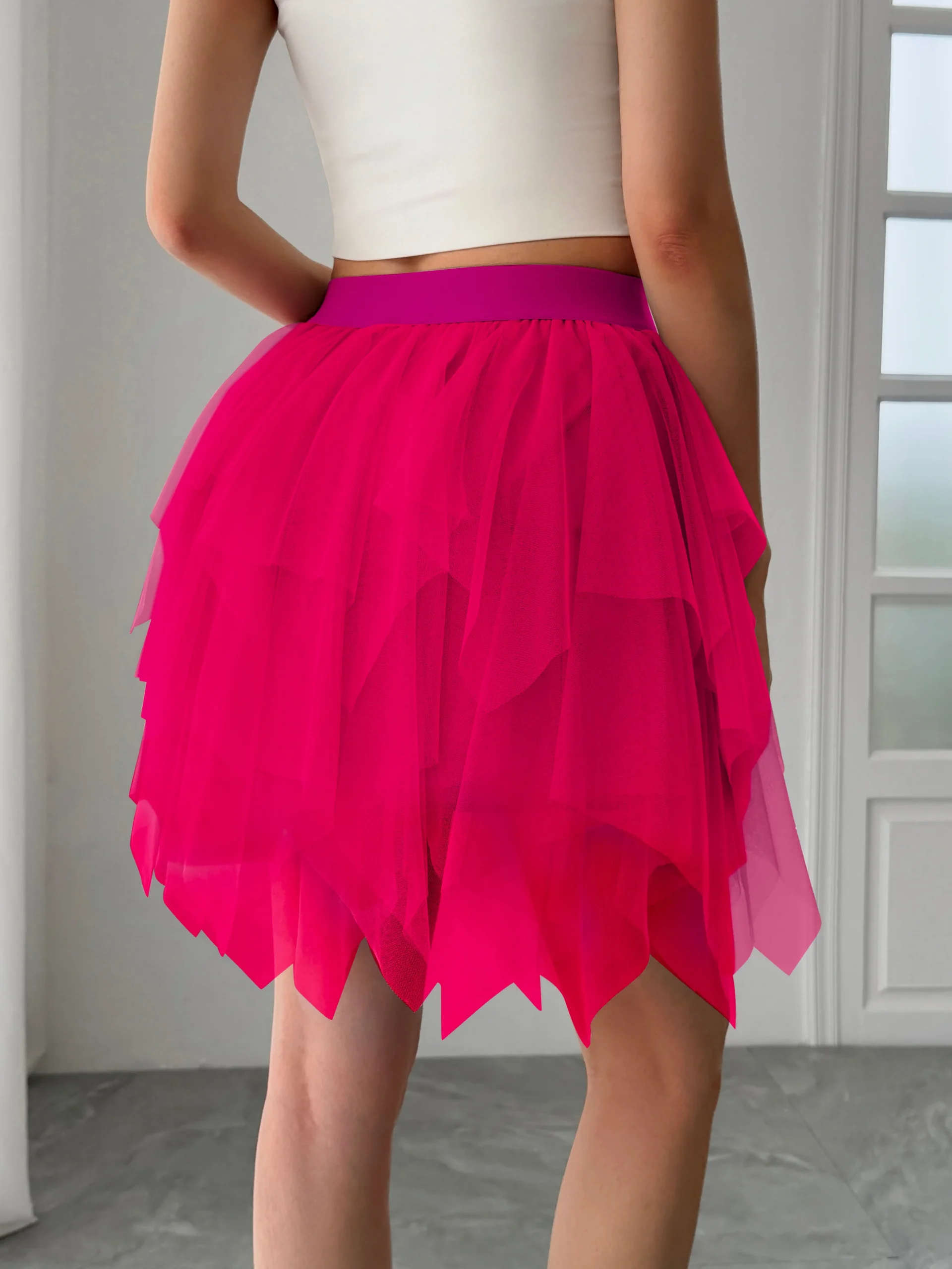 Women's mid waist chiffon mini skirt summer casual asymmetrical hem layered ruffle A-line skirt holiday sweet fairy skirt - Image 3