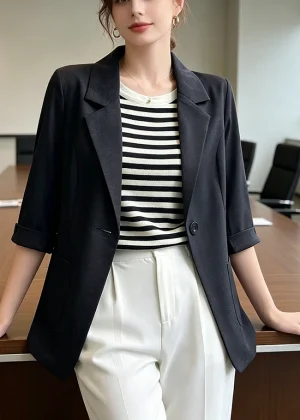 Summer Thin White Blazer Women 3/4 Sleeve Loose Fit Office Suit Jacket Elegant Business Formal Work Coat