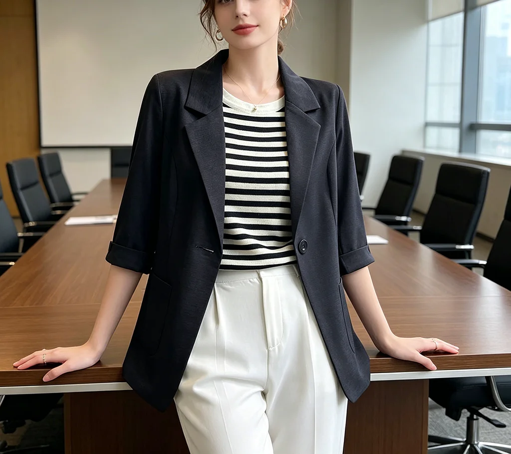 Summer Thin White Blazer Women 3/4 Sleeve Loose Fit Office Suit Jacket Elegant Business Formal Work Coat