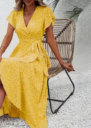 Women's Summer Flower Print Ruffle Dress Fashion 2025 Elegant Short Sleeve Wrap V Neck Tie Side Dresses