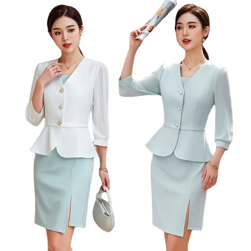 Women Casual 2 Pieces Set 2024 New Fashion Lantern Sleeve Jacket + White Dress Suit Office Ladies Business Blazers Skirt Set - Image 2