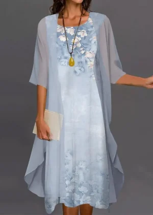 2024 Europe and the United States summer women's casual dress two-piece floral print round collar repair maxi