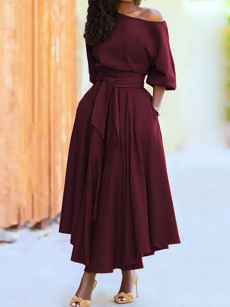 Women's S-2XL Size New Slanted Shoulder Collar Tie Waist Style Solid Color Dress Leopard print maxi dresses for women - Image 3