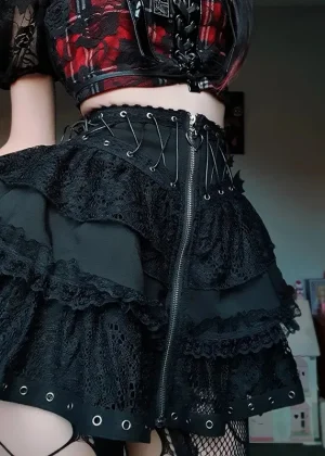 Gothic Skater Punk Vintage High Wasit Skirt Women's Zipper Front Japanese Style Kawaii Black Harajuku Cosplay Mini Skirts