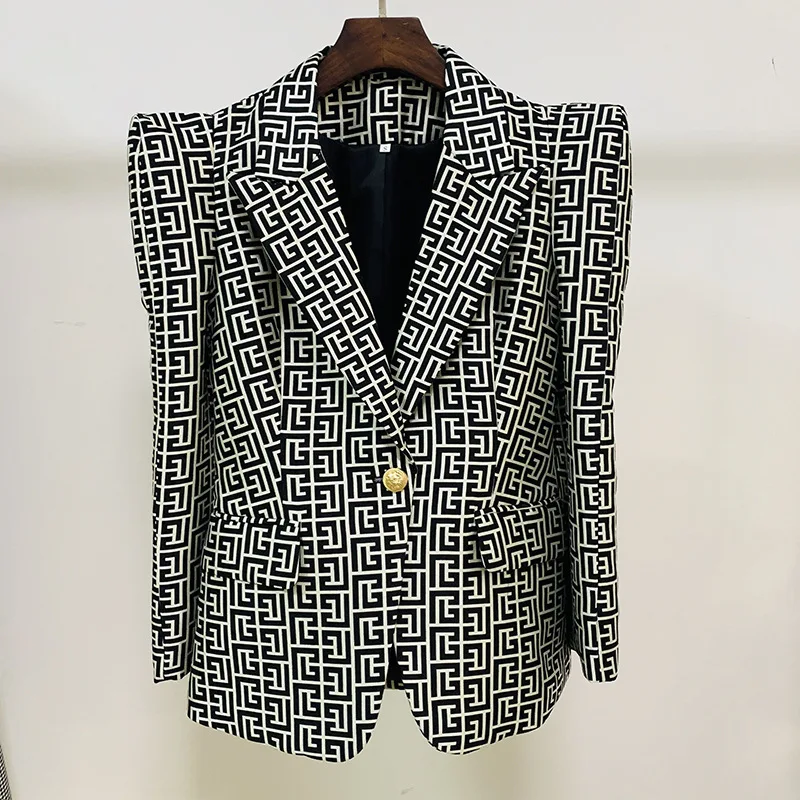 HIGH STREET Newest 2026 Fashion Designer Jacket Women's Peak Shoulder Monogram Jacquard Single Button Blazer
