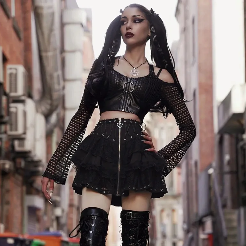 Gothic Skater Punk Vintage High Wasit Skirt Women's Zipper Front Japanese Style Kawaii Black Harajuku Cosplay Mini Skirts - Image 4