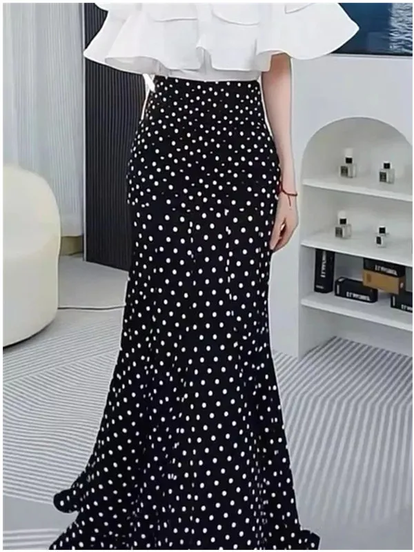 Elegant Black Polka Dot Fish Tail Skirt Women's Summer New Lightweight Luxury Style Half Skirt Drapey Wrap around Skirt - Image 3