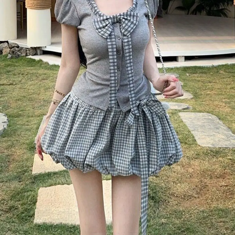 Vintage Japan Style Plaid A-line Ball Gown Mini Skirts Women's Clothing Summer Fashion Drawstring Bow Sweet Short Skirts - Image 3