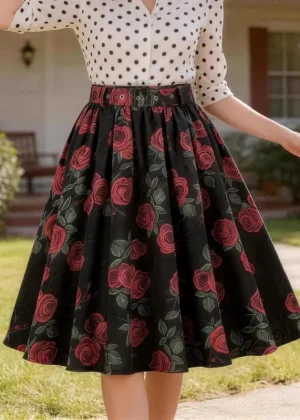 2026 New Women's Vintage Red Rose Print Swing Skirt Streetwear High Waist A-Line Midi Skirt Belt Retro Rockabilly Party Skirts