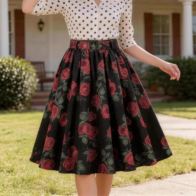 2026 New Women's Vintage Red Rose Print Swing Skirt Streetwear High Waist A-Line Midi Skirt Belt Retro Rockabilly Party Skirts